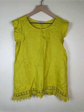 TERZO MILLENNIO Small Italian 100% Linen Coastal Cap Sleeve Lace Hem Blouse Top